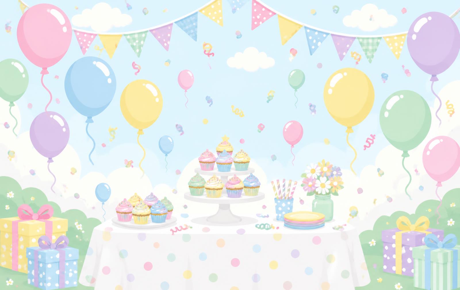 Pastel balloons, bunting and party treats illustration
